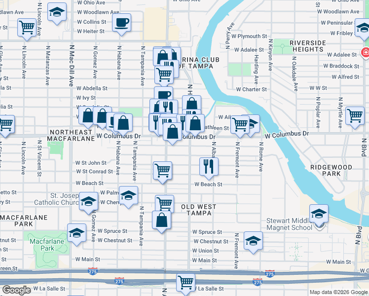 map of restaurants, bars, coffee shops, grocery stores, and more near 2307 West Saint Joseph Street in Tampa