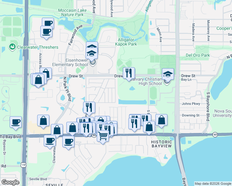 map of restaurants, bars, coffee shops, grocery stores, and more near Saint Martin Lane in Clearwater