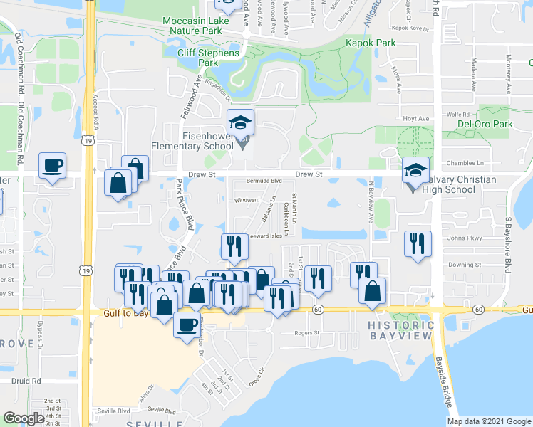 map of restaurants, bars, coffee shops, grocery stores, and more near 69 Bahama Lane in Clearwater
