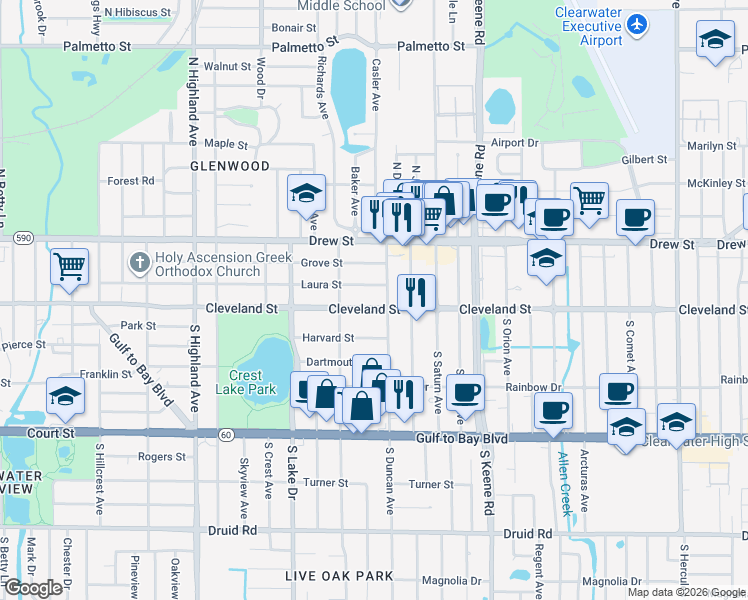 map of restaurants, bars, coffee shops, grocery stores, and more near 10 North Duncan Avenue in Clearwater