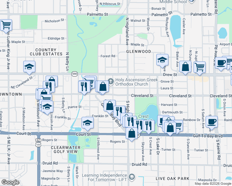 map of restaurants, bars, coffee shops, grocery stores, and more near 10 North San Remo Avenue in Clearwater