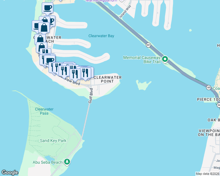 map of restaurants, bars, coffee shops, grocery stores, and more near 865 South Gulfview Boulevard in Clearwater