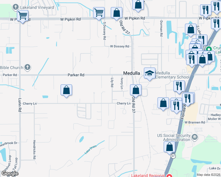 map of restaurants, bars, coffee shops, grocery stores, and more near 5445 Lily Road in Lakeland