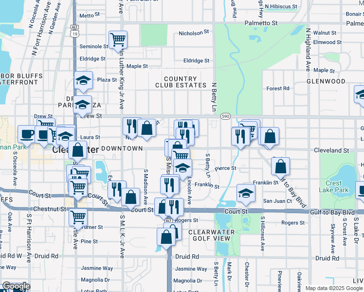 map of restaurants, bars, coffee shops, grocery stores, and more near 1224 Cleveland Street in Clearwater