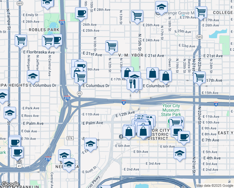 map of restaurants, bars, coffee shops, grocery stores, and more near 1209 East 15th Avenue in Tampa
