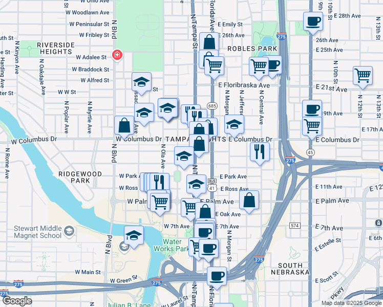 map of restaurants, bars, coffee shops, grocery stores, and more near 2410 North Tampa Street in Tampa