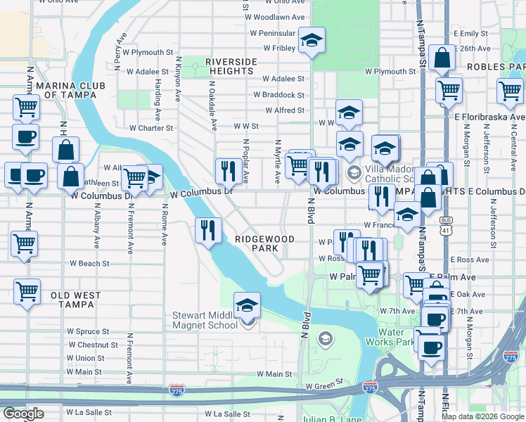 map of restaurants, bars, coffee shops, grocery stores, and more near 814 West Amelia Avenue in Tampa