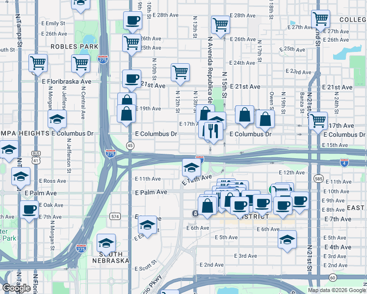 map of restaurants, bars, coffee shops, grocery stores, and more near 1209 East 15th Avenue in Tampa