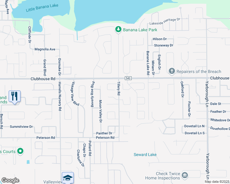 map of restaurants, bars, coffee shops, grocery stores, and more near 3106 Valley High Drive in Lakeland