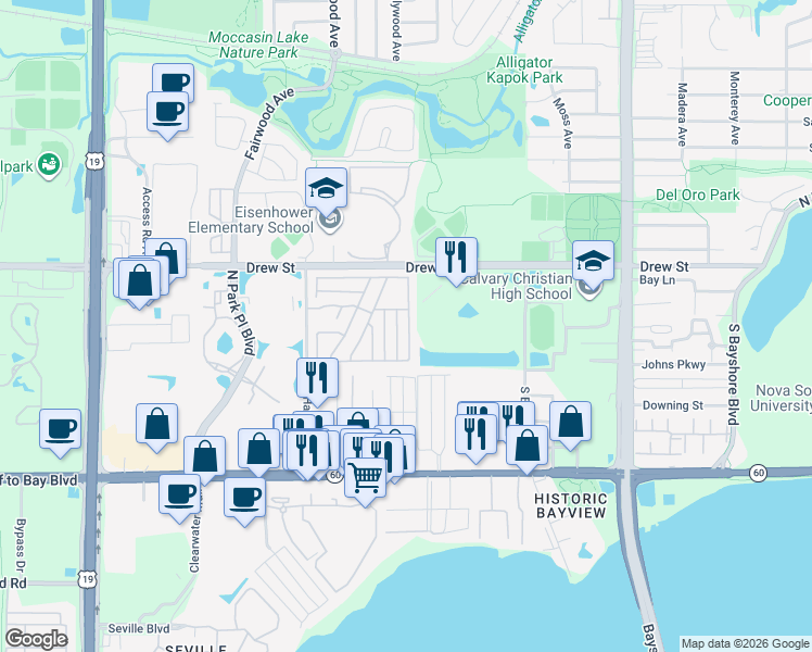 map of restaurants, bars, coffee shops, grocery stores, and more near Saint Martin Lane in Clearwater