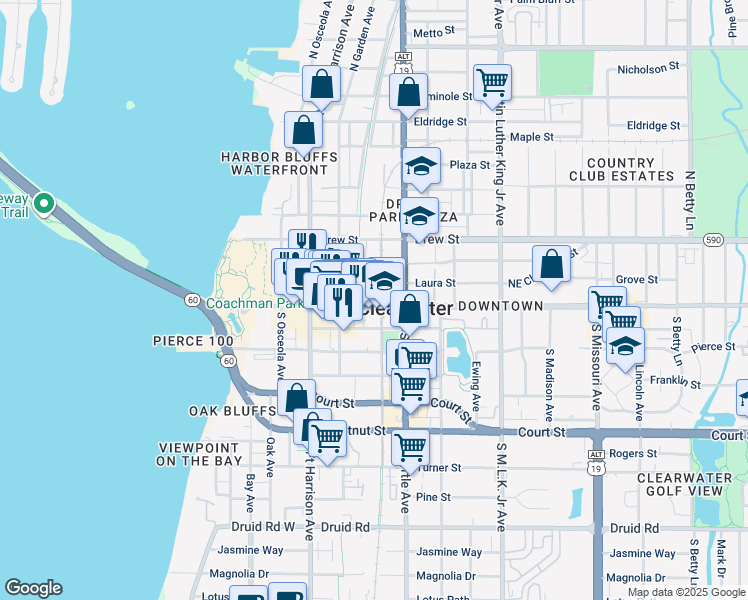 map of restaurants, bars, coffee shops, grocery stores, and more near 650 Cleveland Street in Clearwater