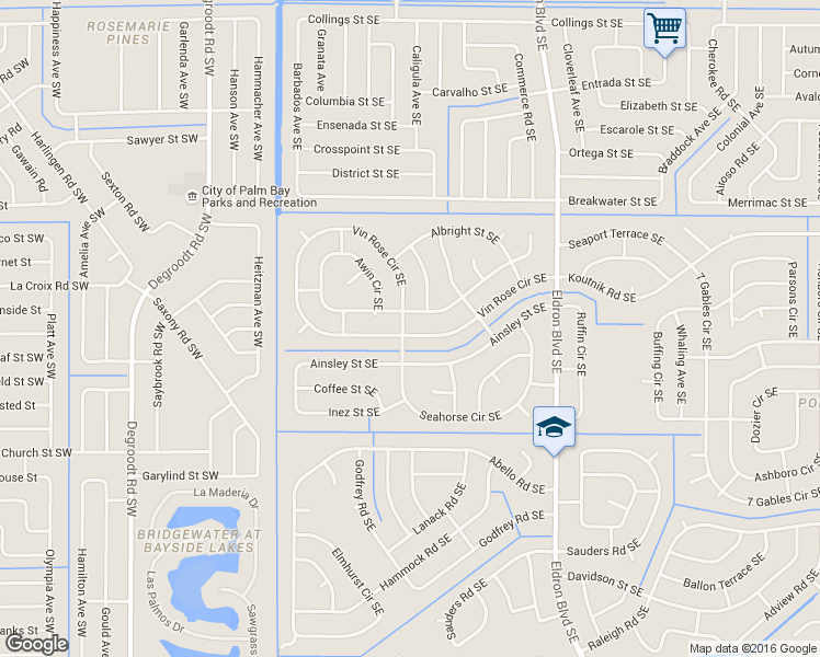 map of restaurants, bars, coffee shops, grocery stores, and more near 121 Seahorse Circle Southeast in Palm Bay