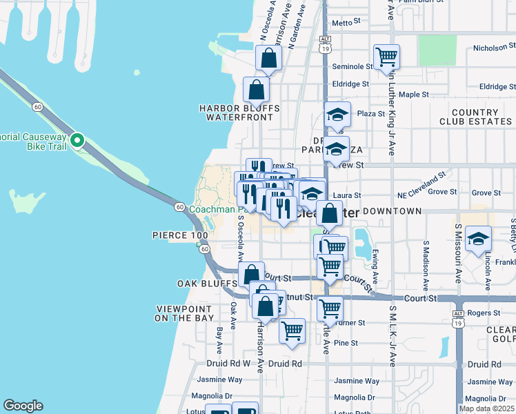 map of restaurants, bars, coffee shops, grocery stores, and more near in Clearwater