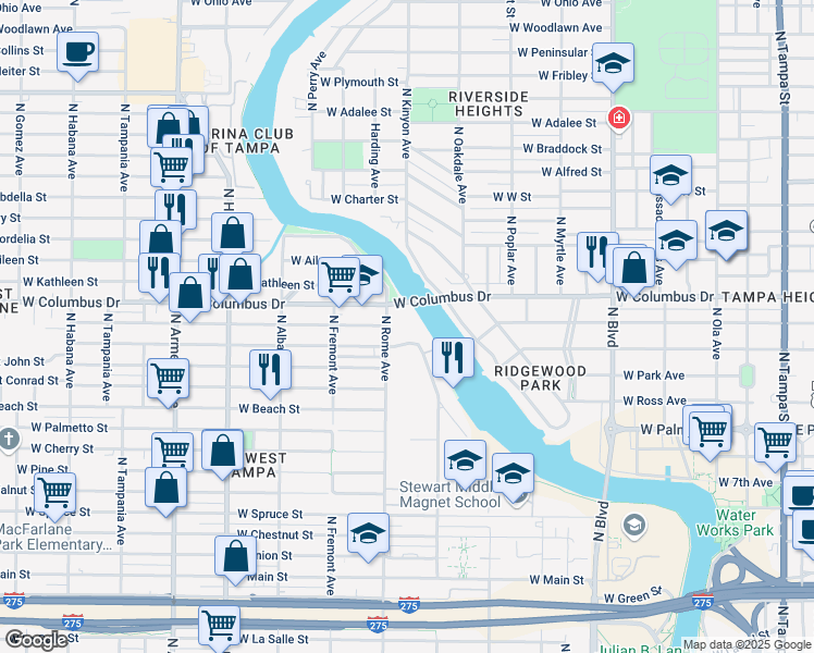 map of restaurants, bars, coffee shops, grocery stores, and more near 2903 Floradora Court in Tampa