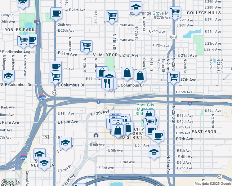 map of restaurants, bars, coffee shops, grocery stores, and more near 2511 North 15th Street in Tampa