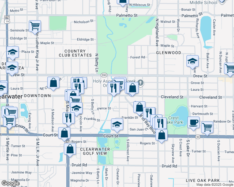 map of restaurants, bars, coffee shops, grocery stores, and more near in Clearwater