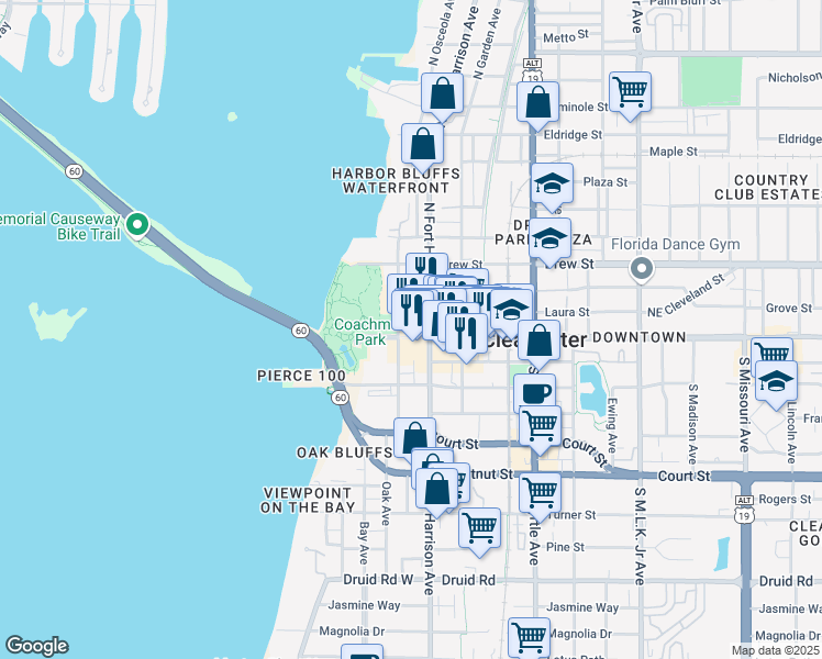 map of restaurants, bars, coffee shops, grocery stores, and more near in Clearwater