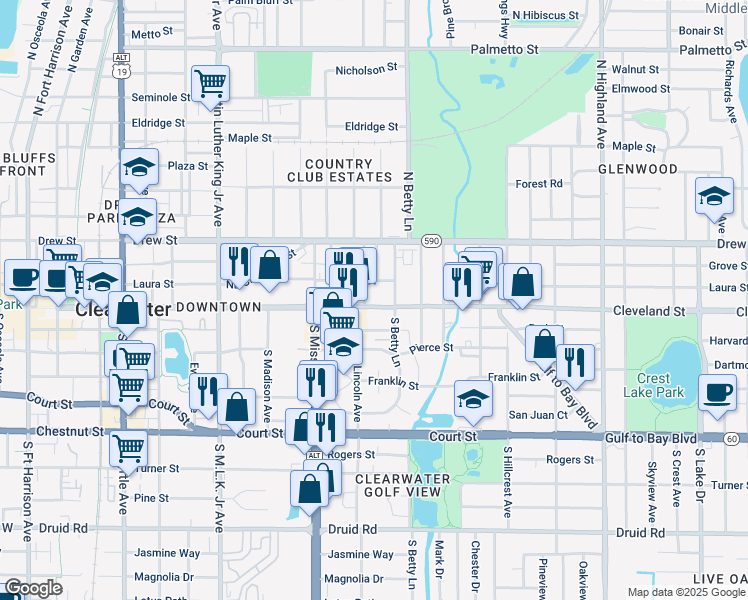 map of restaurants, bars, coffee shops, grocery stores, and more near 1260 Cleveland Street in Clearwater