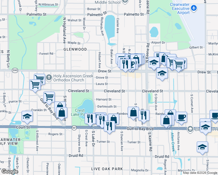 map of restaurants, bars, coffee shops, grocery stores, and more near 5 North Keystone Drive in Clearwater