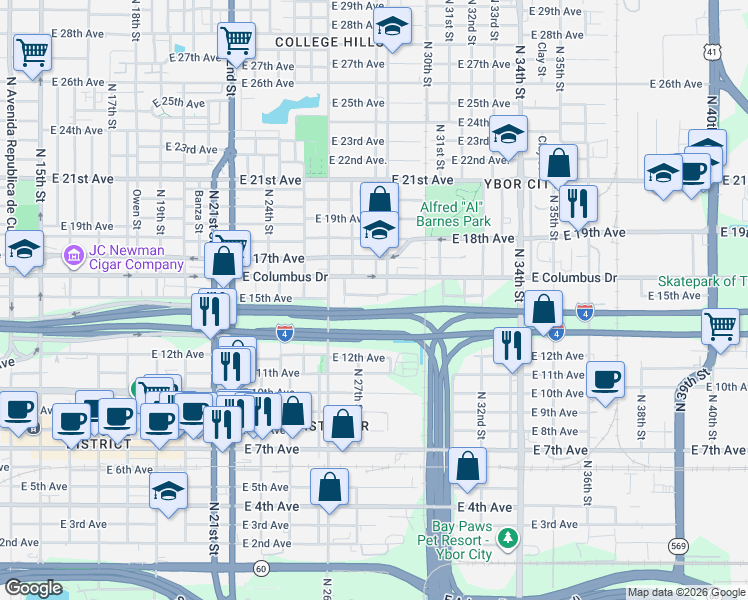 map of restaurants, bars, coffee shops, grocery stores, and more near 2601 North 29th Street in Tampa