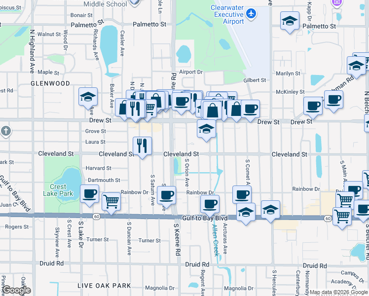 map of restaurants, bars, coffee shops, grocery stores, and more near 11 North Venus Avenue in Clearwater
