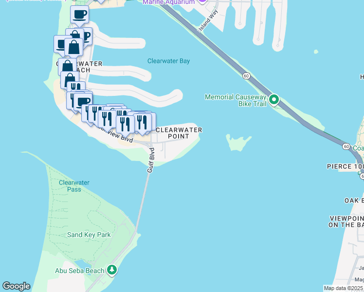 map of restaurants, bars, coffee shops, grocery stores, and more near 865 South Gulfview Boulevard in Clearwater