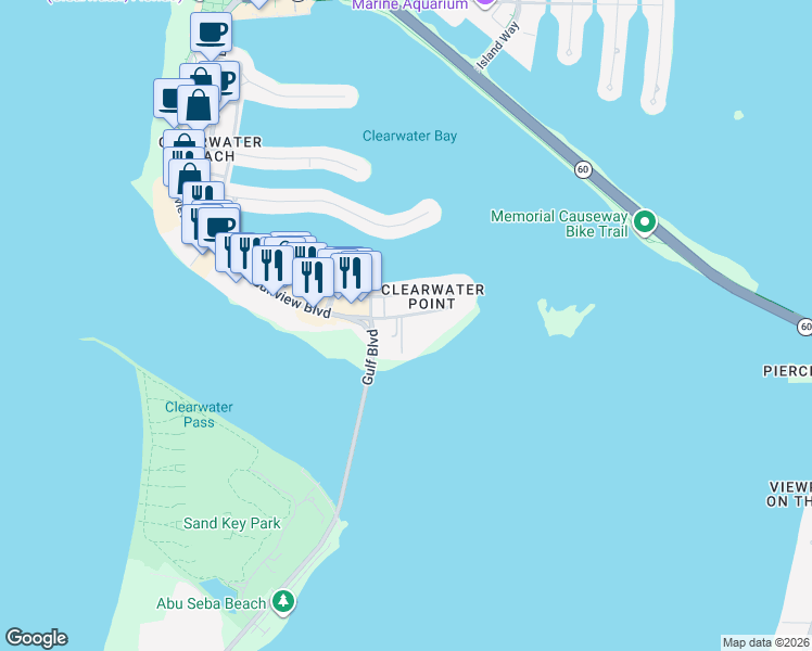map of restaurants, bars, coffee shops, grocery stores, and more near 845 South Gulfview Boulevard in Clearwater