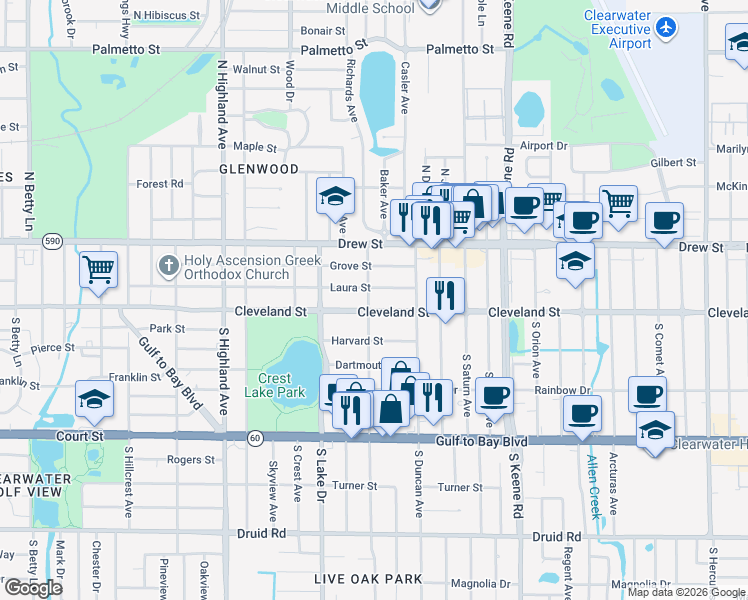 map of restaurants, bars, coffee shops, grocery stores, and more near 5 North Keystone Drive in Clearwater