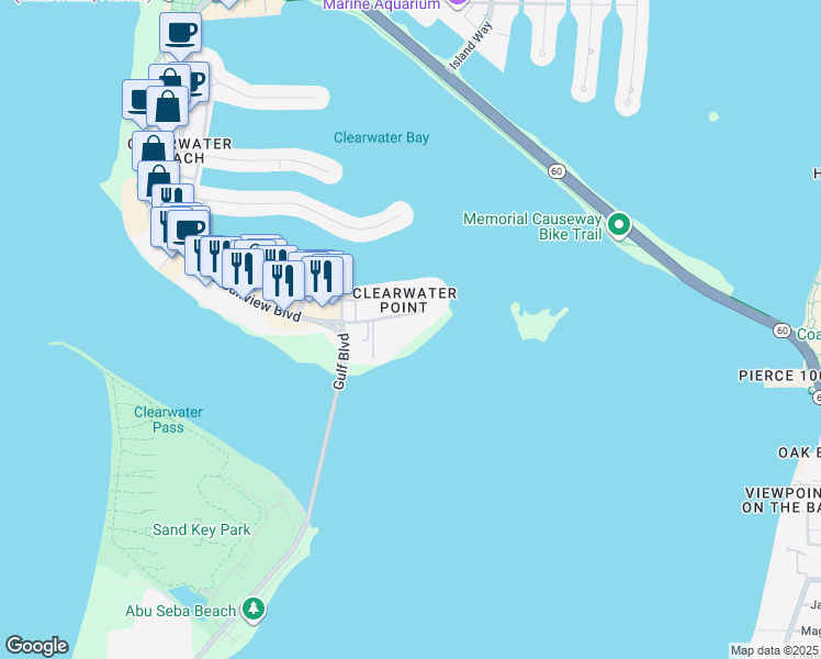 map of restaurants, bars, coffee shops, grocery stores, and more near 865 South Gulfview Boulevard in Clearwater