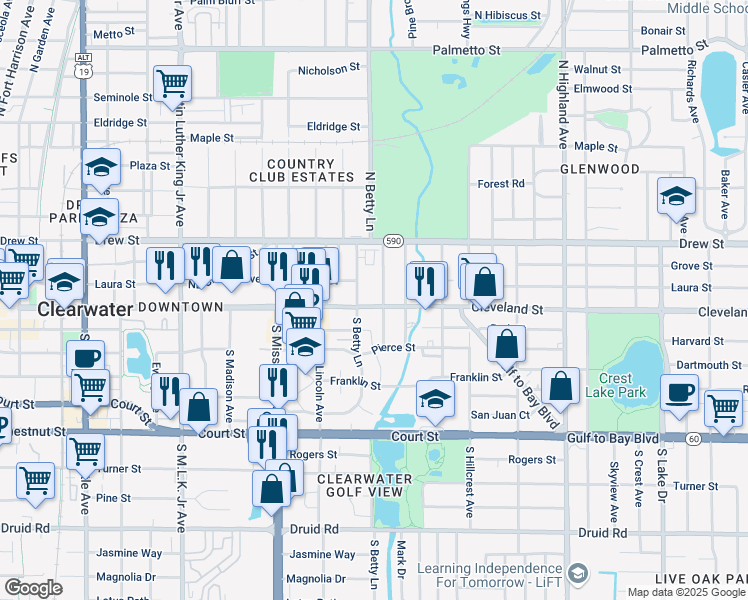 map of restaurants, bars, coffee shops, grocery stores, and more near 1286 Cleveland Street in Clearwater