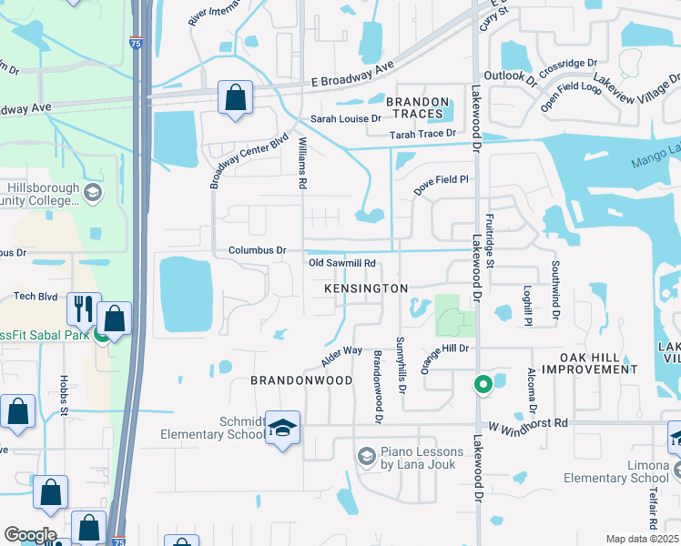 map of restaurants, bars, coffee shops, grocery stores, and more near 1627 Dogwood Lane in Brandon