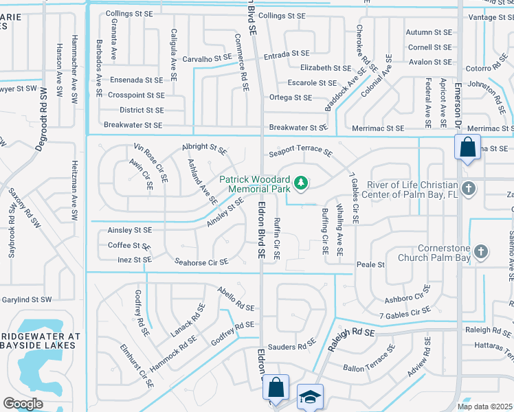 map of restaurants, bars, coffee shops, grocery stores, and more near 1314 Eldron Boulevard Southeast in Palm Bay