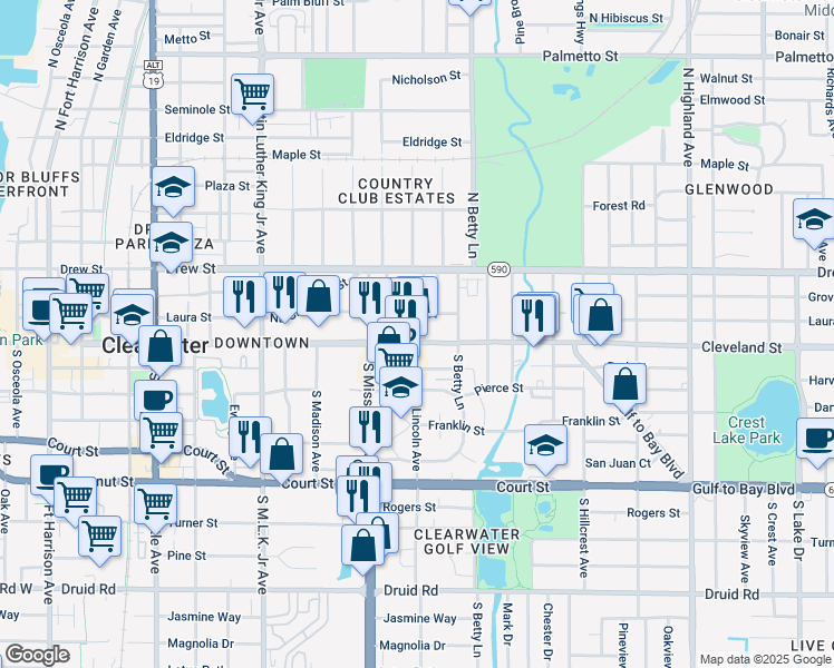 map of restaurants, bars, coffee shops, grocery stores, and more near 1224 Cleveland Street in Clearwater