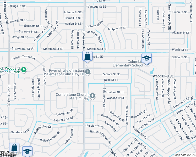 map of restaurants, bars, coffee shops, grocery stores, and more near 927 Quail Street Southeast in Palm Bay