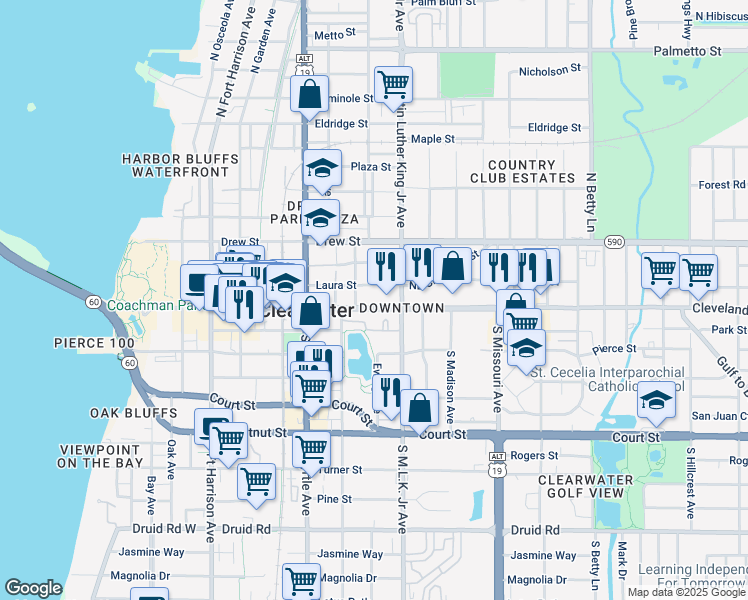 map of restaurants, bars, coffee shops, grocery stores, and more near 940 Cleveland Street in Clearwater