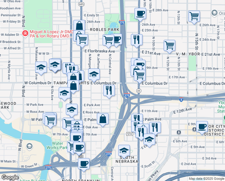 map of restaurants, bars, coffee shops, grocery stores, and more near 503 East Sparkman Avenue in Tampa