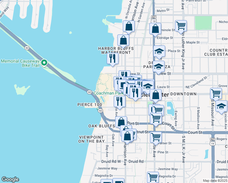 map of restaurants, bars, coffee shops, grocery stores, and more near 320 Cleveland Street in Clearwater