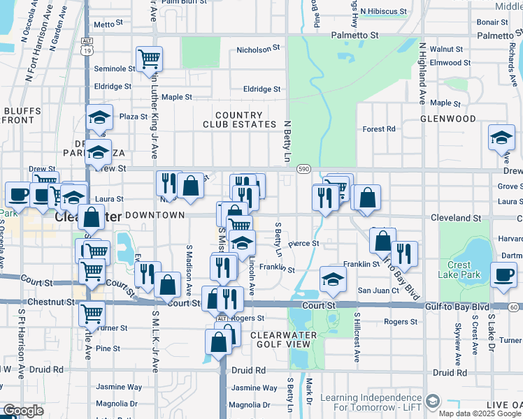 map of restaurants, bars, coffee shops, grocery stores, and more near 1252 Cleveland Street in Clearwater