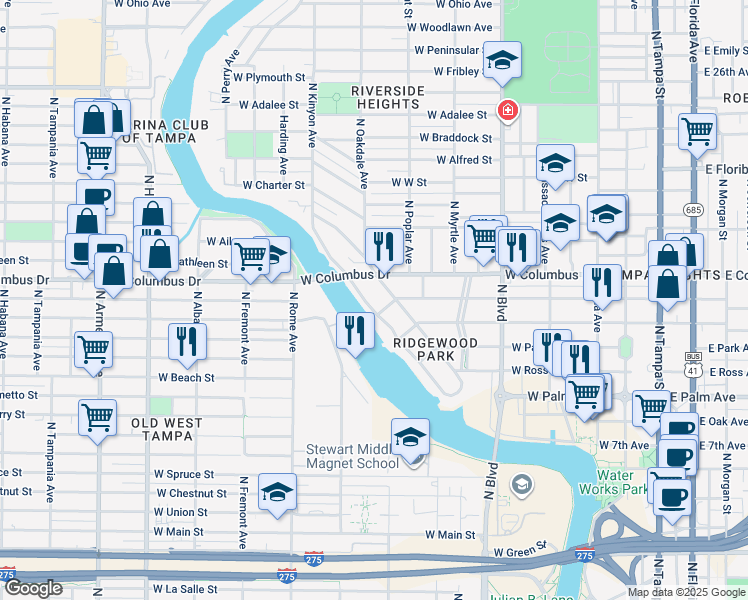 map of restaurants, bars, coffee shops, grocery stores, and more near 2507 North Riverside Drive in Tampa