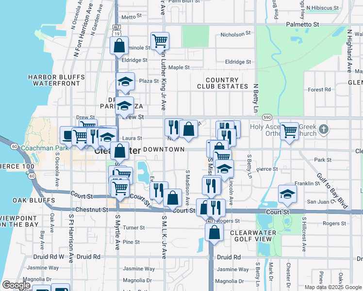 map of restaurants, bars, coffee shops, grocery stores, and more near 1150 Cleveland Street in Clearwater