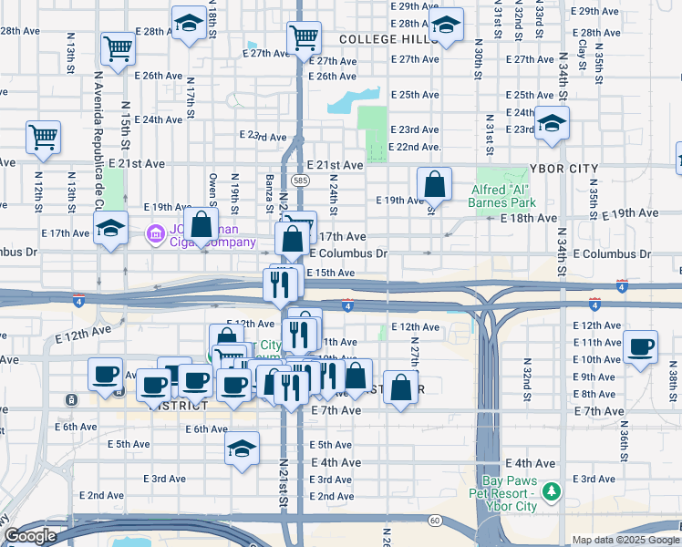 map of restaurants, bars, coffee shops, grocery stores, and more near 2101 East 13th Avenue in Tampa