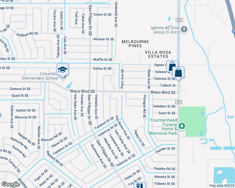map of restaurants, bars, coffee shops, grocery stores, and more near 1430 Waco Boulevard Southeast in Palm Bay