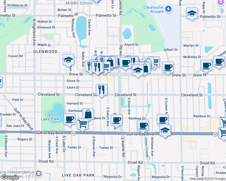 map of restaurants, bars, coffee shops, grocery stores, and more near 6 North Mars Avenue in Clearwater