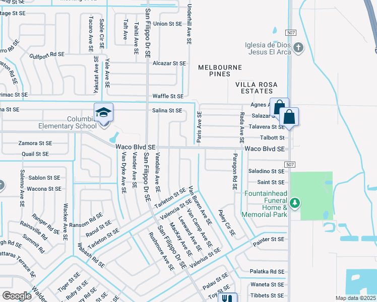 map of restaurants, bars, coffee shops, grocery stores, and more near 1430 Waco Boulevard Southeast in Palm Bay