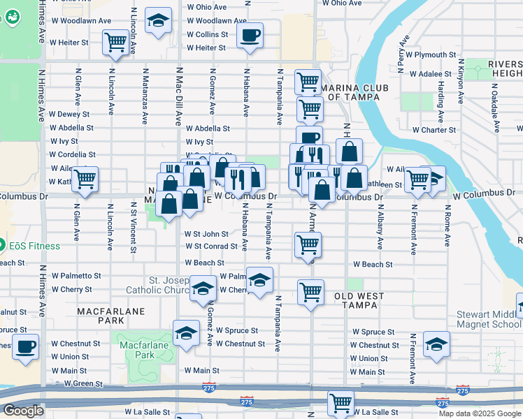 map of restaurants, bars, coffee shops, grocery stores, and more near 2702 North Tampania Avenue in Tampa