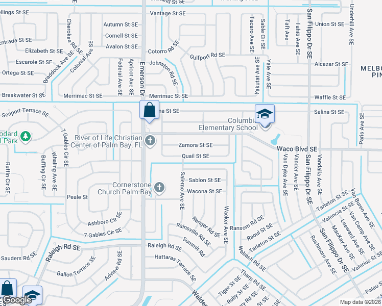 map of restaurants, bars, coffee shops, grocery stores, and more near 975 Quail Street Southeast in Palm Bay