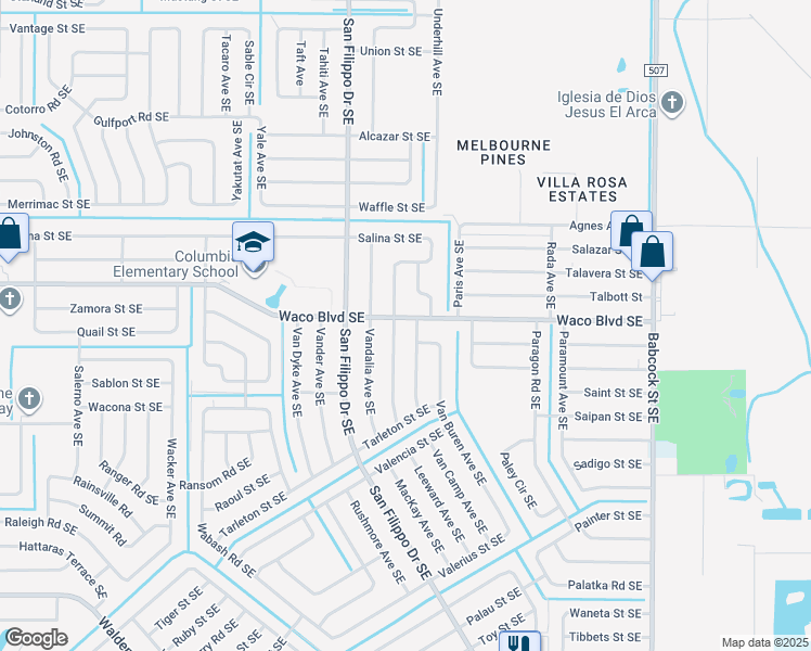 map of restaurants, bars, coffee shops, grocery stores, and more near 1370 Waco Boulevard Southeast in Palm Bay