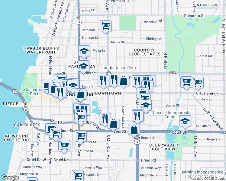 map of restaurants, bars, coffee shops, grocery stores, and more near 1100 Cleveland Street in Clearwater