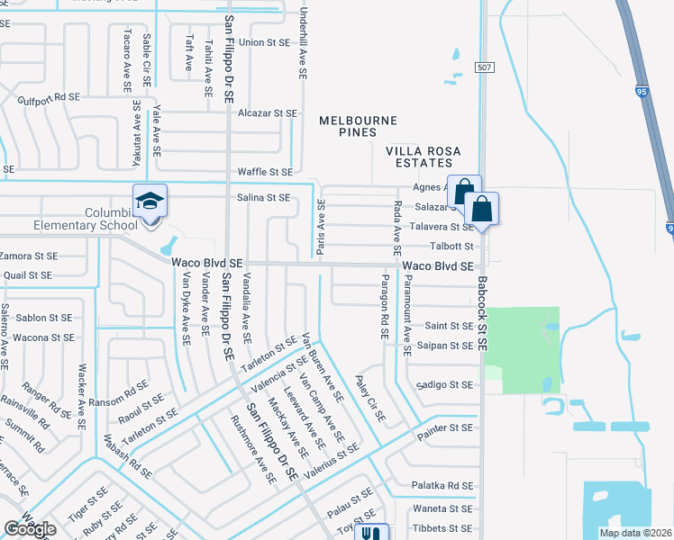 map of restaurants, bars, coffee shops, grocery stores, and more near 1470 Waco Boulevard Southeast in Palm Bay