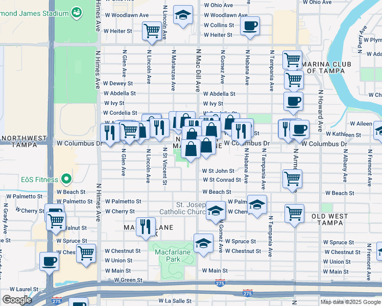 map of restaurants, bars, coffee shops, grocery stores, and more near 3201 West Saint Joseph Street in Tampa
